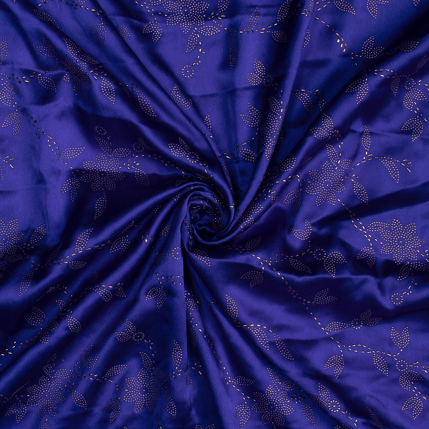 Royal Blue Floral Golden Dew Drops Japan Satin Fabric