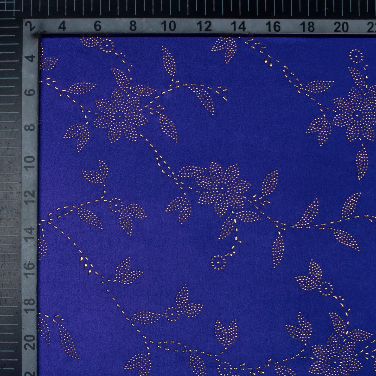 Royal Blue Floral Golden Dew Drops Japan Satin Fabric