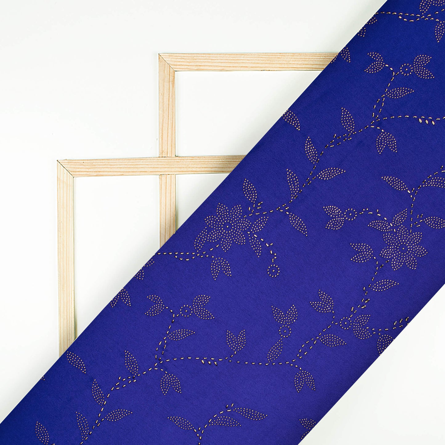 Royal Blue Floral Golden Dew Drops Japan Satin Fabric