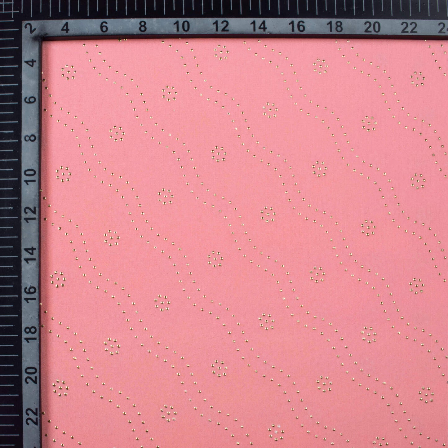 Salmon Pink Leheriya Golden Dew Drops Georgette Fabric