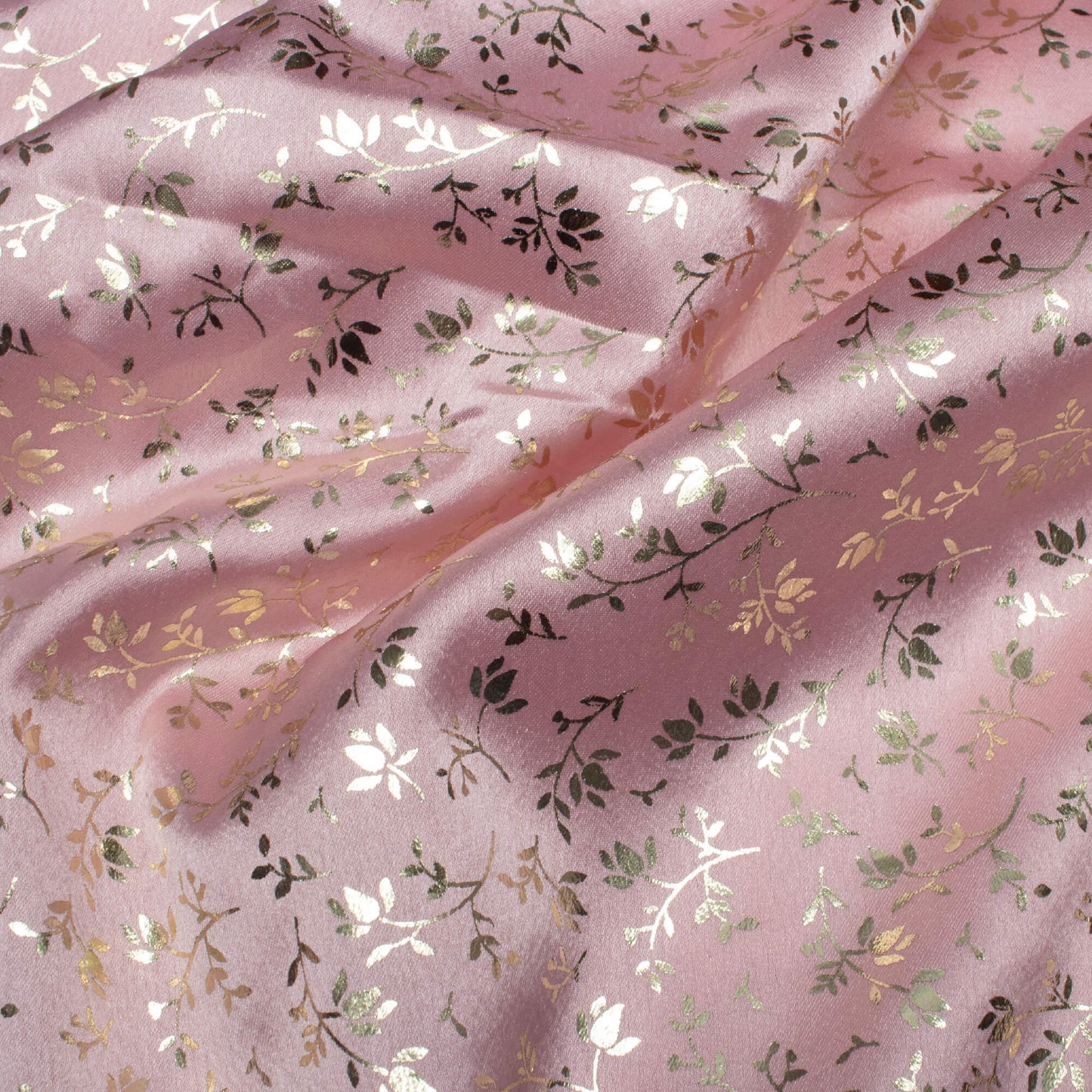 Baby Pink Floral Pattern Golden Foil Print Japan Satin Fabric