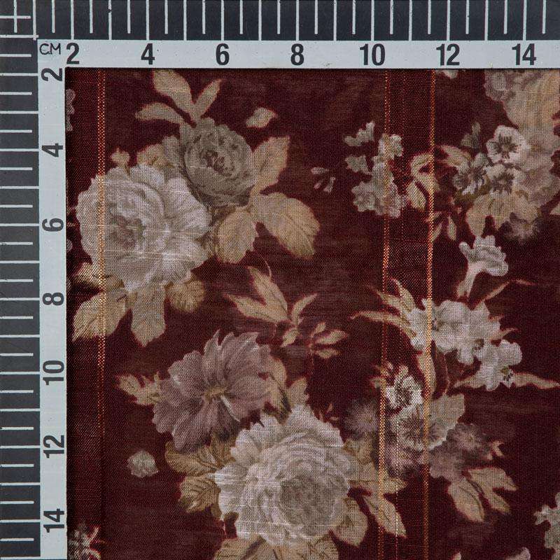 Maroon And Cream Floral Pattern Zari Chanderi Slub Fabric