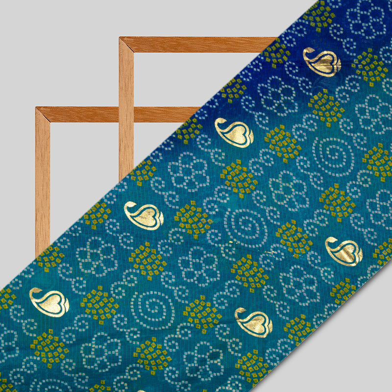 Teal Bandhani Pattern Foil Print Kota Doria Fabric