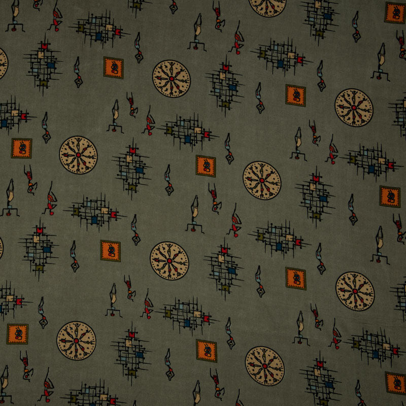 Olive Green Tribal Pattern Screen Print Viscose Rayon Fabric