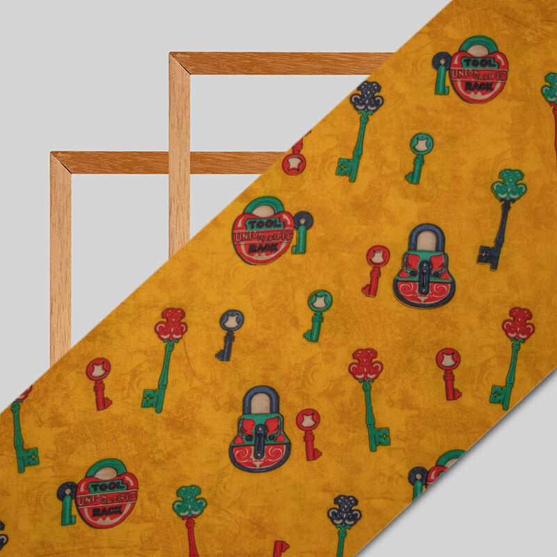 Mustard Object Pattern Screen Print Viscose Rayon Fabric - Fabcurate