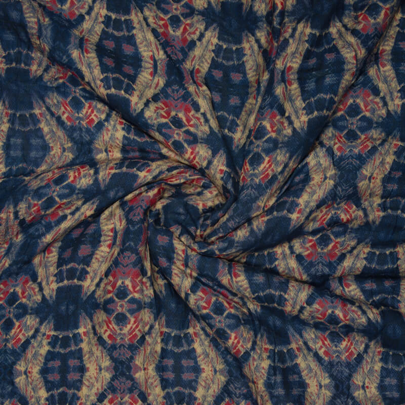 Rhino Blue And Merlot Red Geometric Pattern Screen Print Viscose Modal Rayon Fabric - Fabcurate