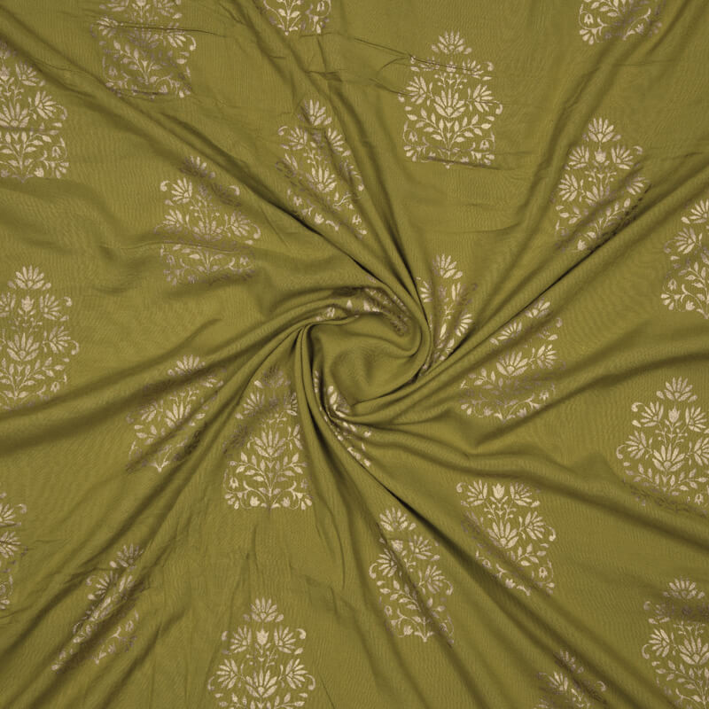 Green And Golden Mughal Pattern Foil Screen Print Viscose Rayon Fabric - Fabcurate