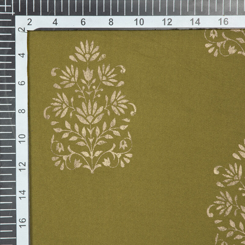 Green And Golden Mughal Pattern Foil Screen Print Viscose Rayon Fabric - Fabcurate