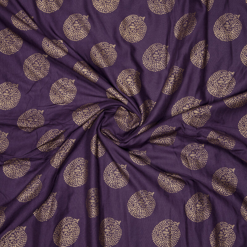 Purple And Golden Butta Pattern Foil Screen Print Viscose Rayon Fabric - Fabcurate