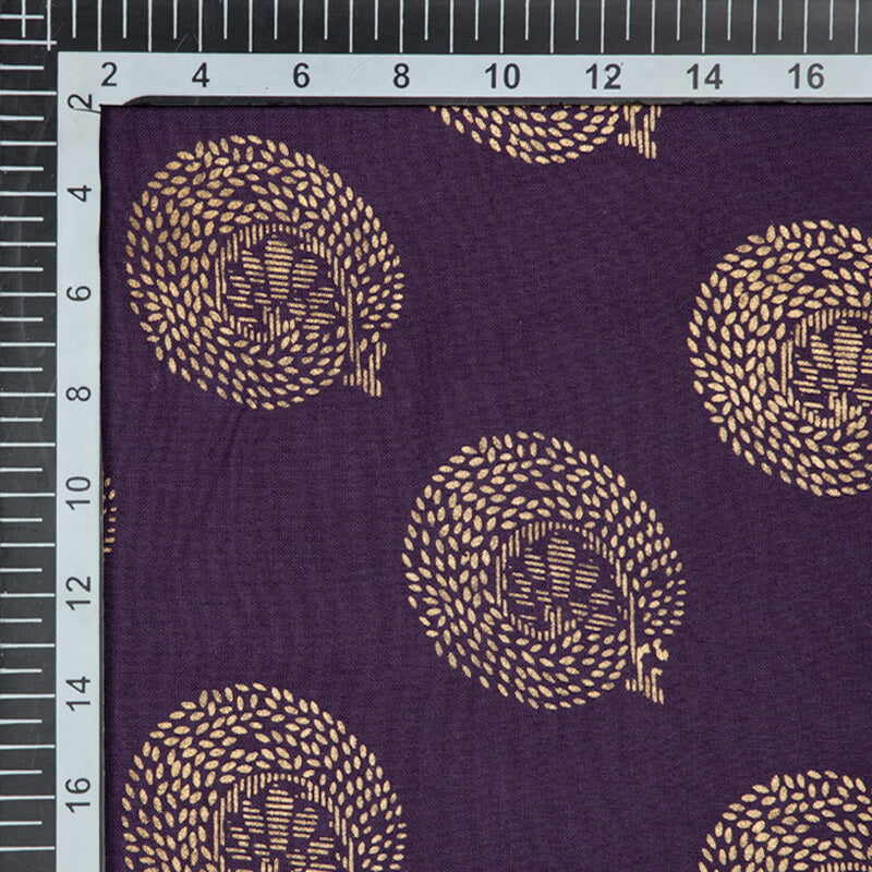 Purple And Golden Butta Pattern Foil Screen Print Viscose Rayon Fabric - Fabcurate
