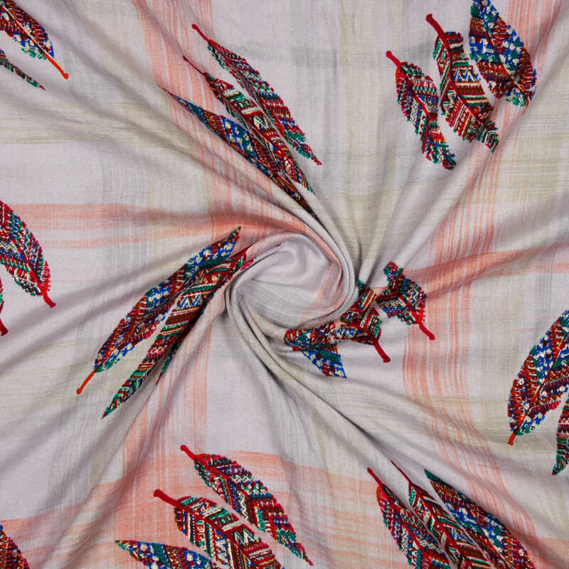 Multicolor Leaf Pattern Foil Screen Print Viscose Linen By Rayon Fabric - Fabcurate