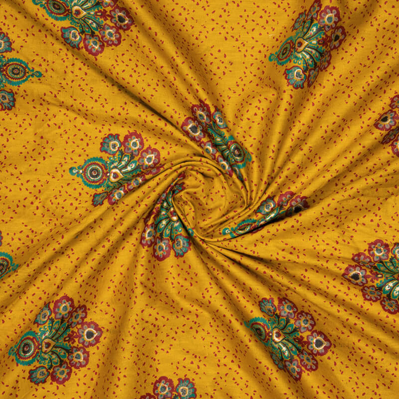 Mustard Butta Pattern Foil Screen Print Cotton By Linen Fabric - Fabcurate