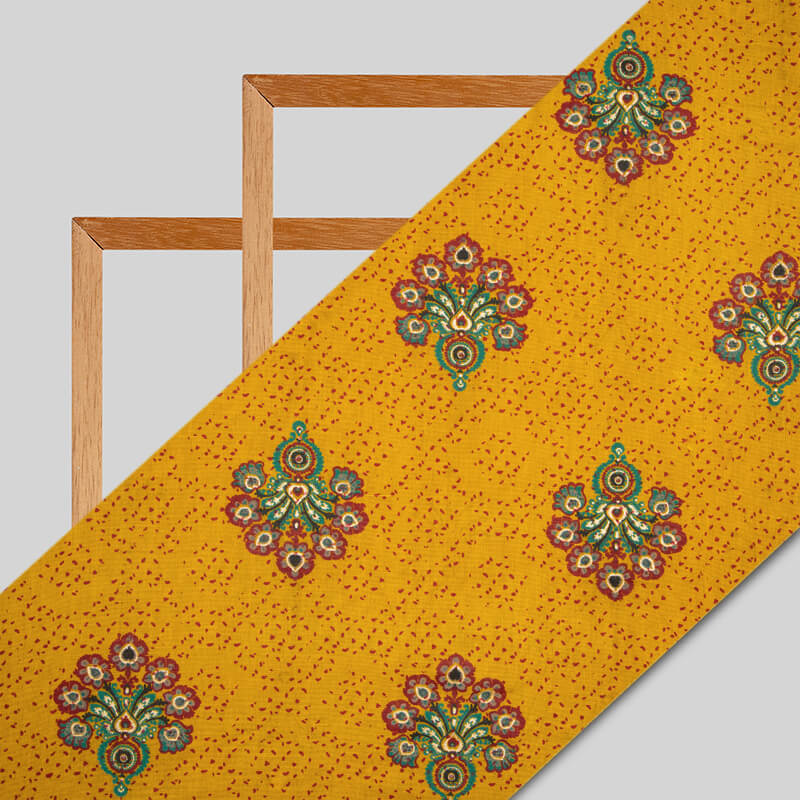 Mustard Butta Pattern Foil Screen Print Cotton By Linen Fabric - Fabcurate
