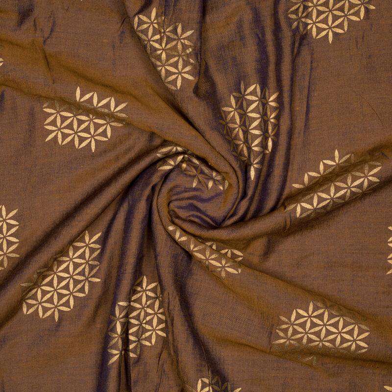 Tortilla Brown And Golden Geometric Pattern Foil Screen Print Dual Tone Muslin Fabric - Fabcurate