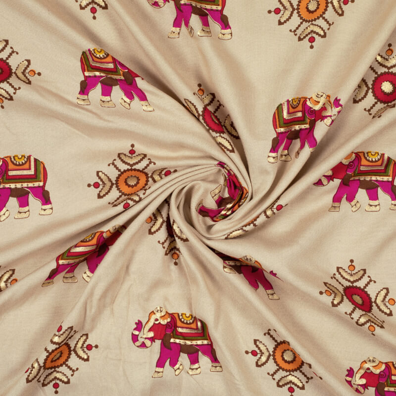 Beige Animal Pattern Foil Screen Print Viscose Rayon Fabric - Fabcurate