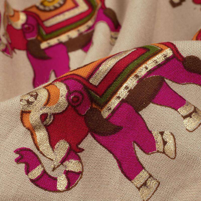 Beige Animal Pattern Foil Screen Print Viscose Rayon Fabric - Fabcurate