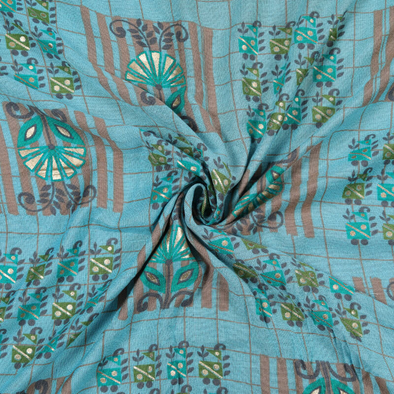 Sky Blue Geometric Pattern Foil Screen Print Viscose Texture Rayon Fabric - Fabcurate