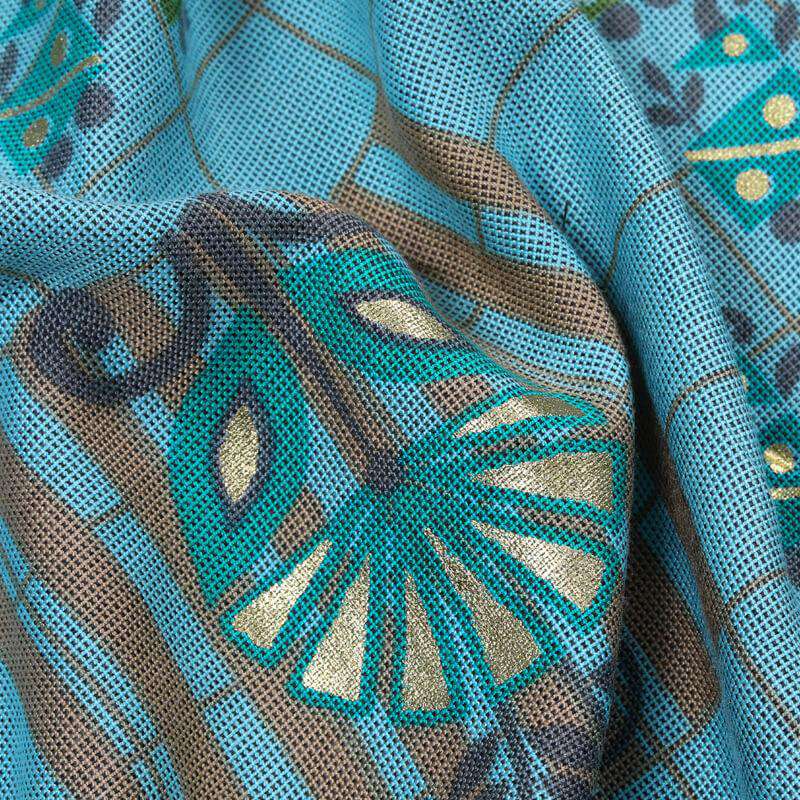 Sky Blue Geometric Pattern Foil Screen Print Viscose Texture Rayon Fabric - Fabcurate