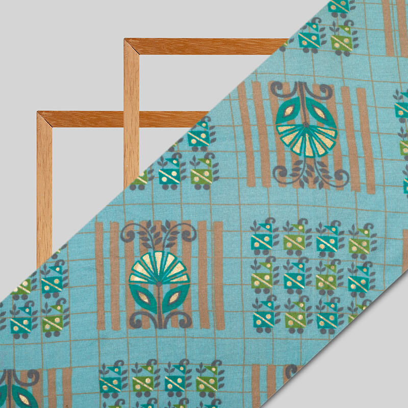 Sky Blue Geometric Pattern Foil Screen Print Viscose Texture Rayon Fabric - Fabcurate