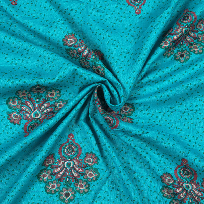 Teal Butta Pattern Foil Screen Print Cotton By Linen Fabric - Fabcurate