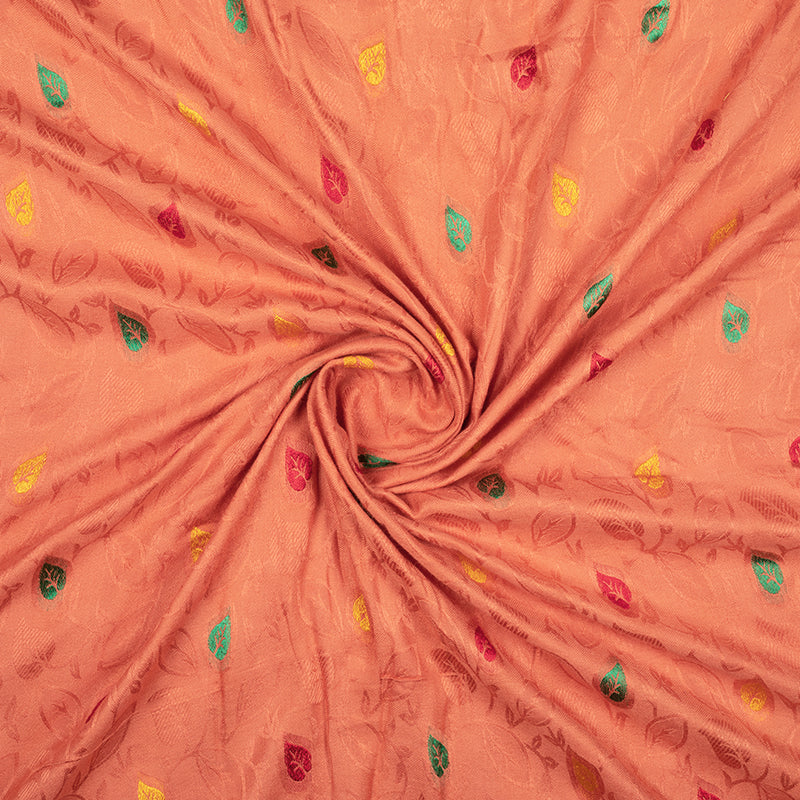 Coral Peach And Yellow Leaf Pattern Rayon Jacquard Fabric - Fabcurate