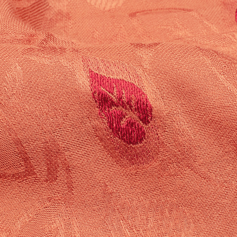 Coral Peach And Yellow Leaf Pattern Rayon Jacquard Fabric - Fabcurate