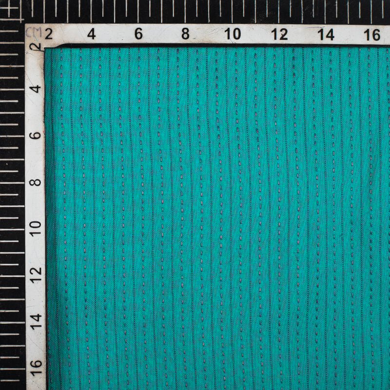 Turquoise Blue Stripes Kantha Rayon Fabric(Width 56 Inches) - Fabcurate