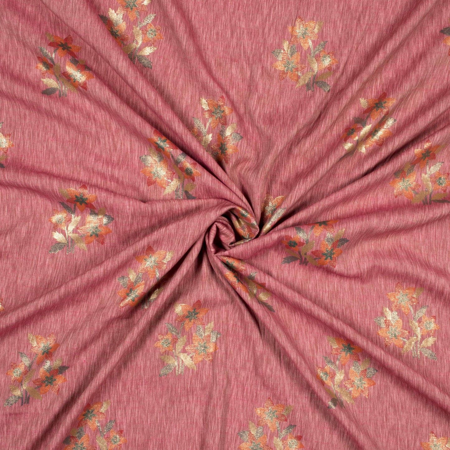 Thulian Pink And Red Floral Pattern Rubber Foil Print Rayon Textured Fabric - Fabcurate