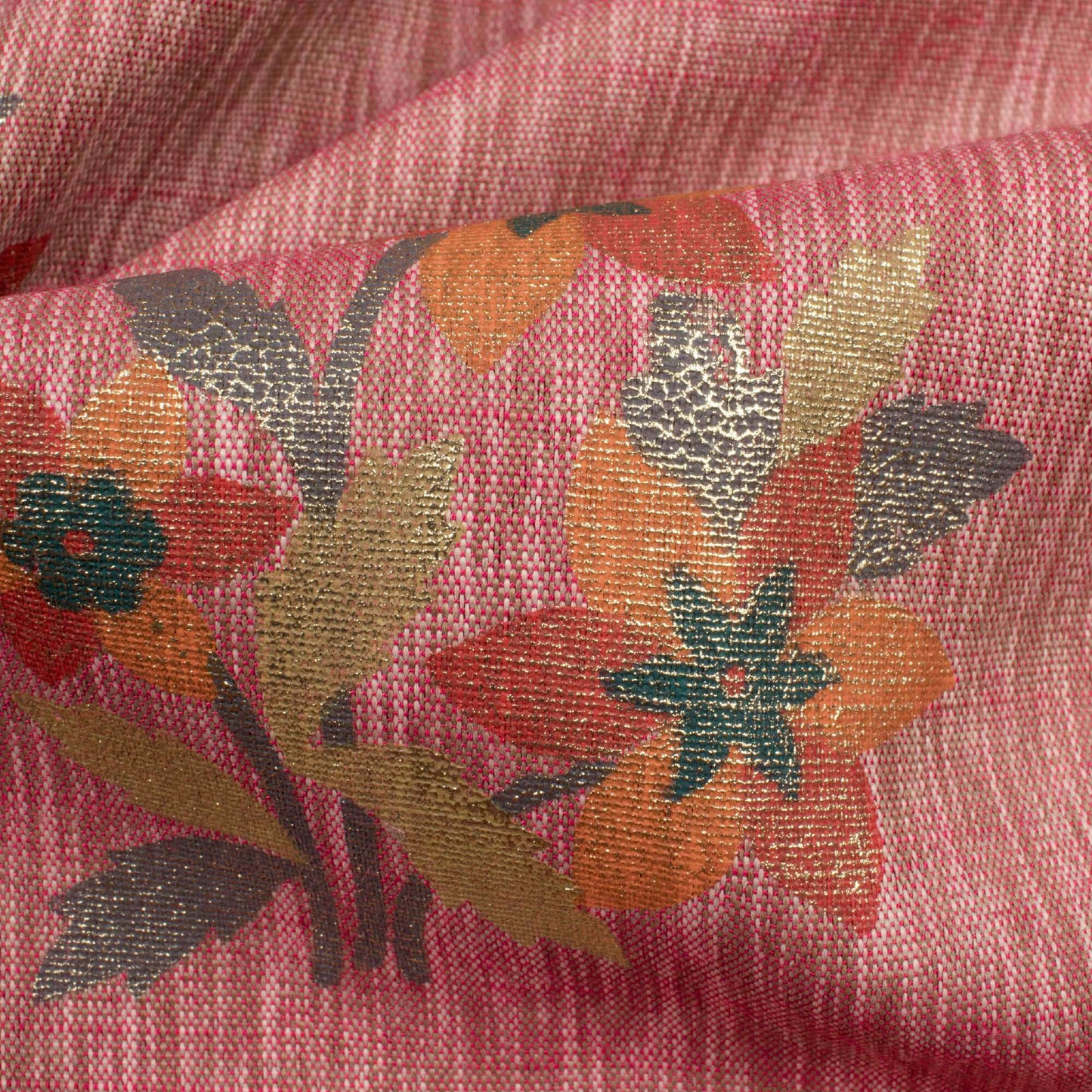 Thulian Pink And Red Floral Pattern Rubber Foil Print Rayon Textured Fabric - Fabcurate
