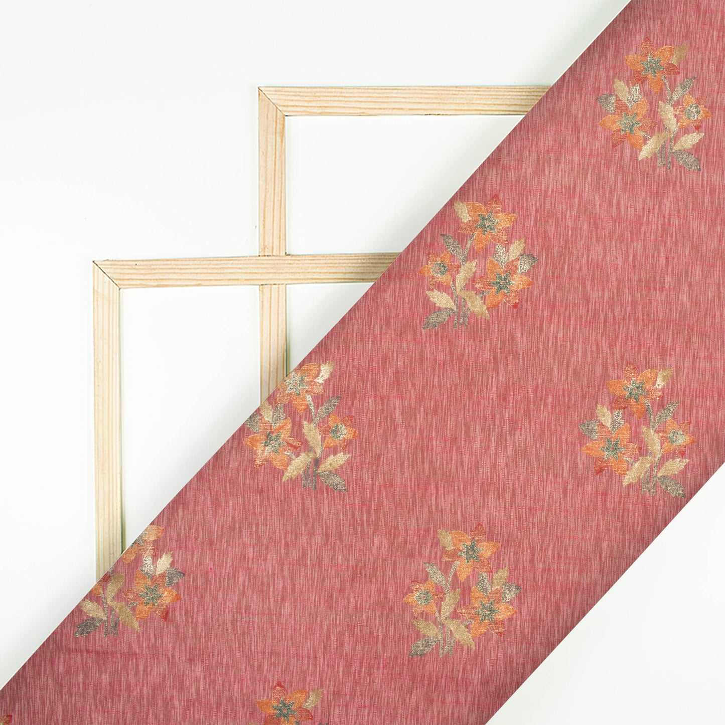 Thulian Pink And Red Floral Pattern Rubber Foil Print Rayon Textured Fabric - Fabcurate