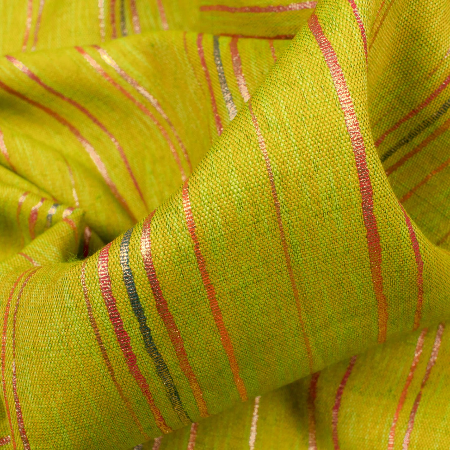 Chartreuse Green Stripes Pattern Rubber Foil Print Rayon Textured Fabric - Fabcurate