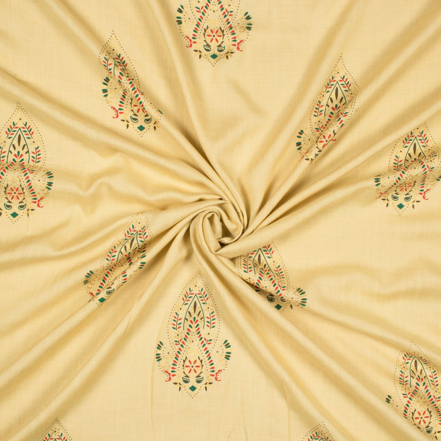 Beige And Green Ethnic Pattern Foil Print Rayon Slub Fabric - Fabcurate
