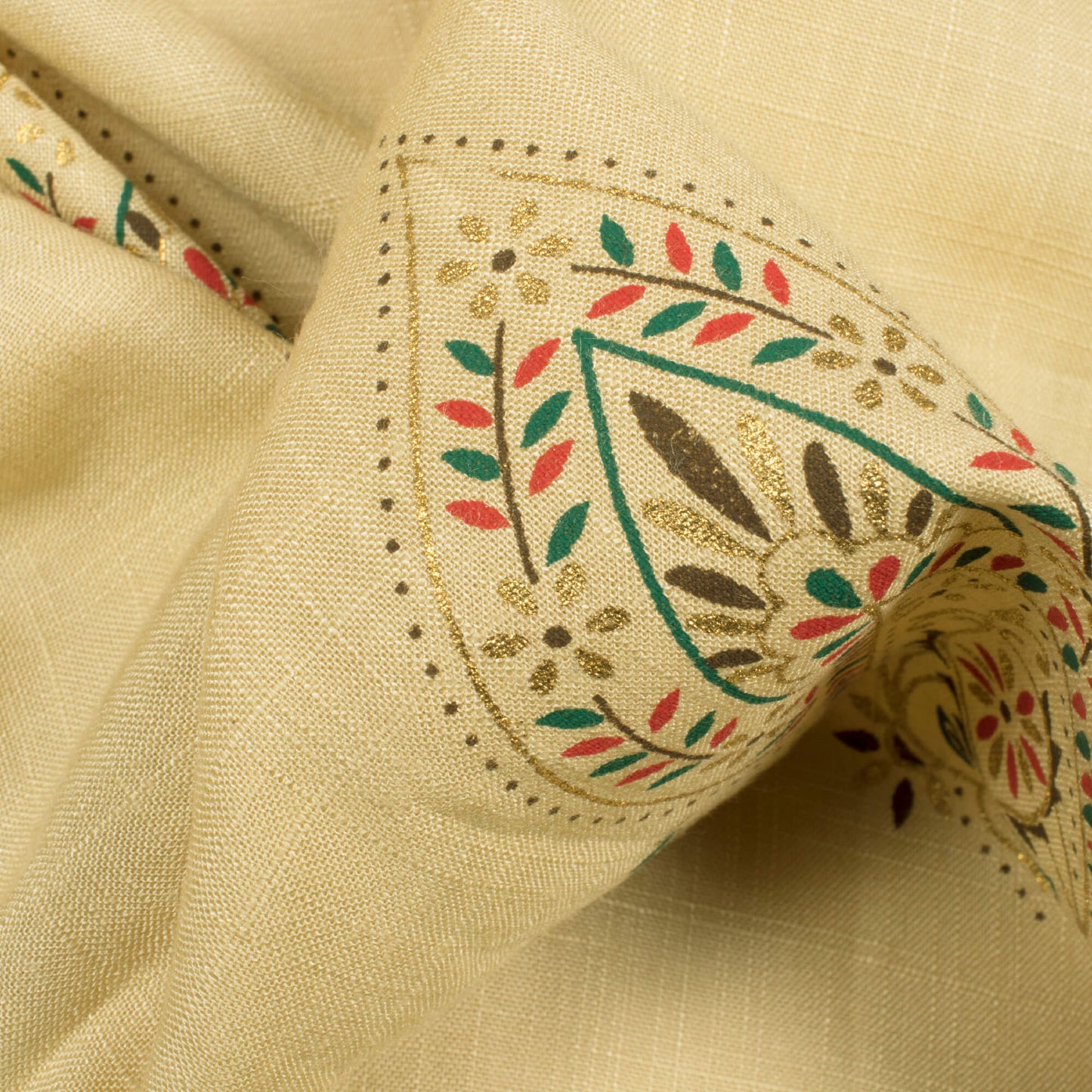 Beige And Green Ethnic Pattern Foil Print Rayon Slub Fabric - Fabcurate