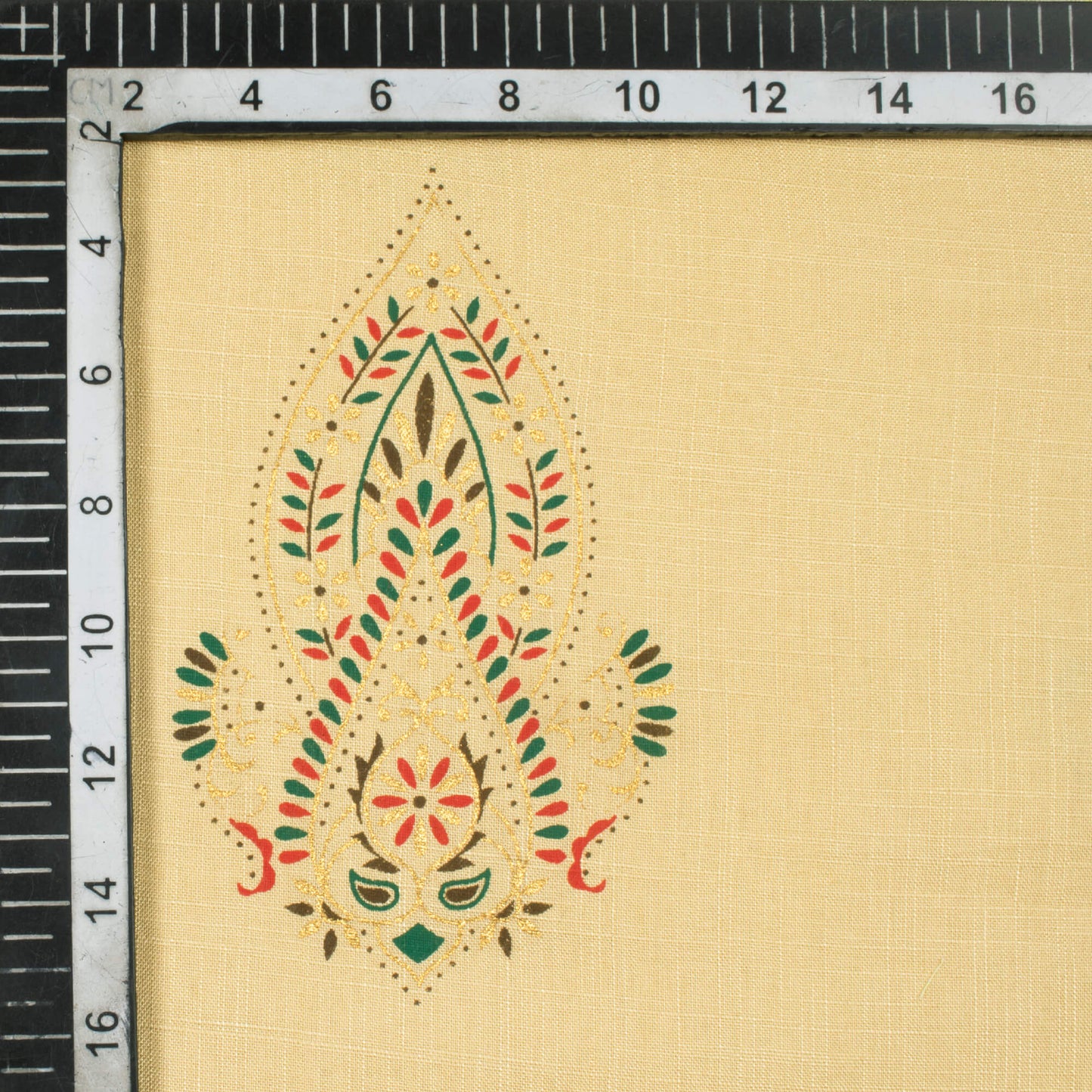 Beige And Green Ethnic Pattern Foil Print Rayon Slub Fabric - Fabcurate