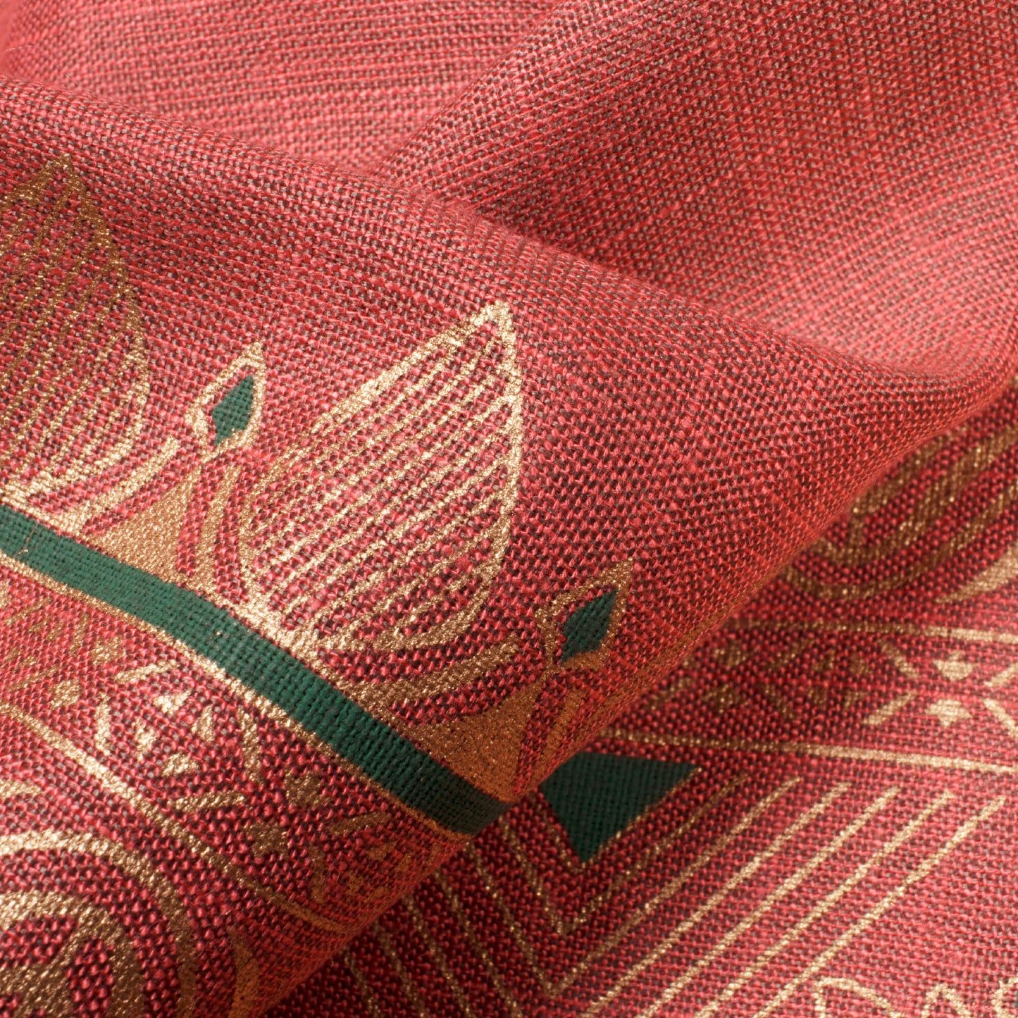 Flamingo Pink Ethnic Pattern Foil Print Rayon Slub Fabric - Fabcurate
