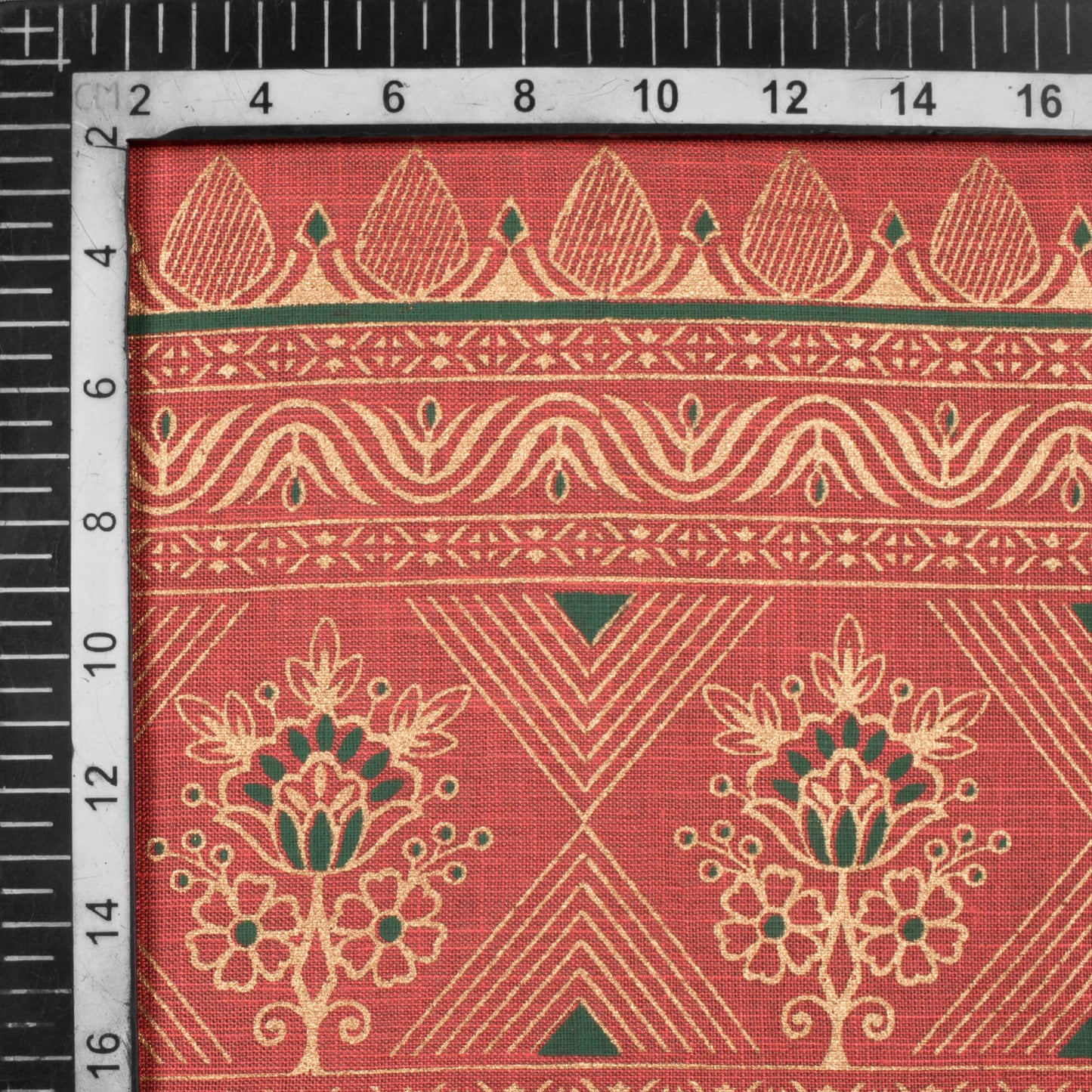Flamingo Pink Ethnic Pattern Foil Print Rayon Slub Fabric - Fabcurate
