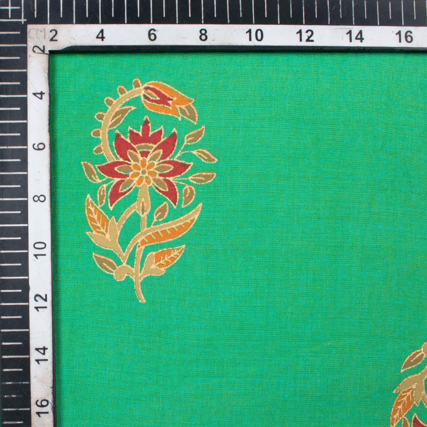 Sea Green And Red Floral Pattern Foil Print Dual Tone Muslin Fabric - Fabcurate