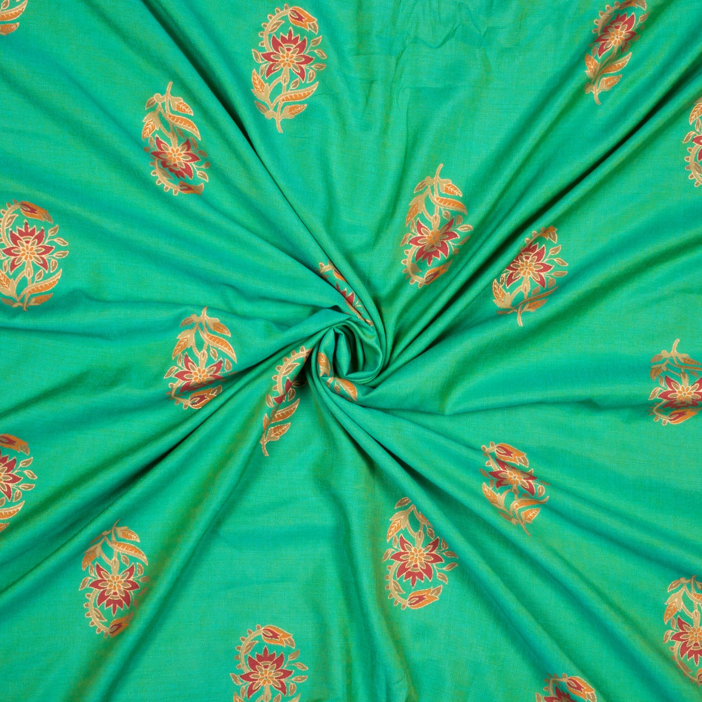 Sea Green And Red Floral Pattern Foil Print Dual Tone Muslin Fabric - Fabcurate