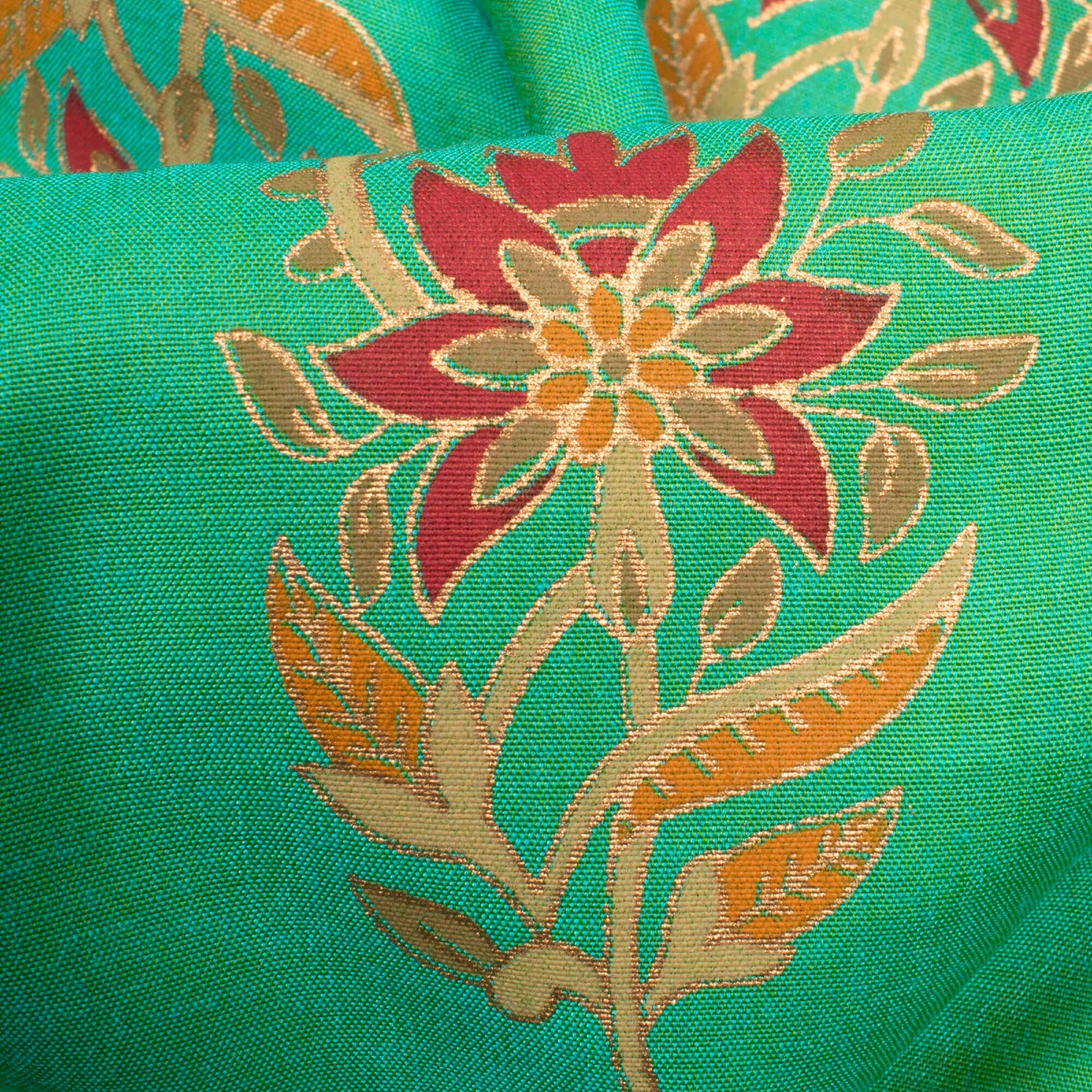 Sea Green And Red Floral Pattern Foil Print Dual Tone Muslin Fabric - Fabcurate