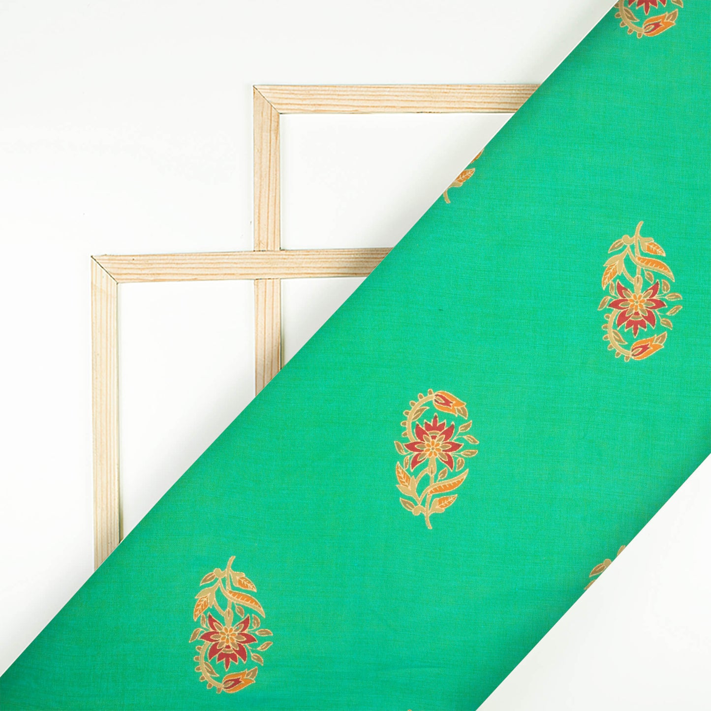 Sea Green And Red Floral Pattern Foil Print Dual Tone Muslin Fabric - Fabcurate