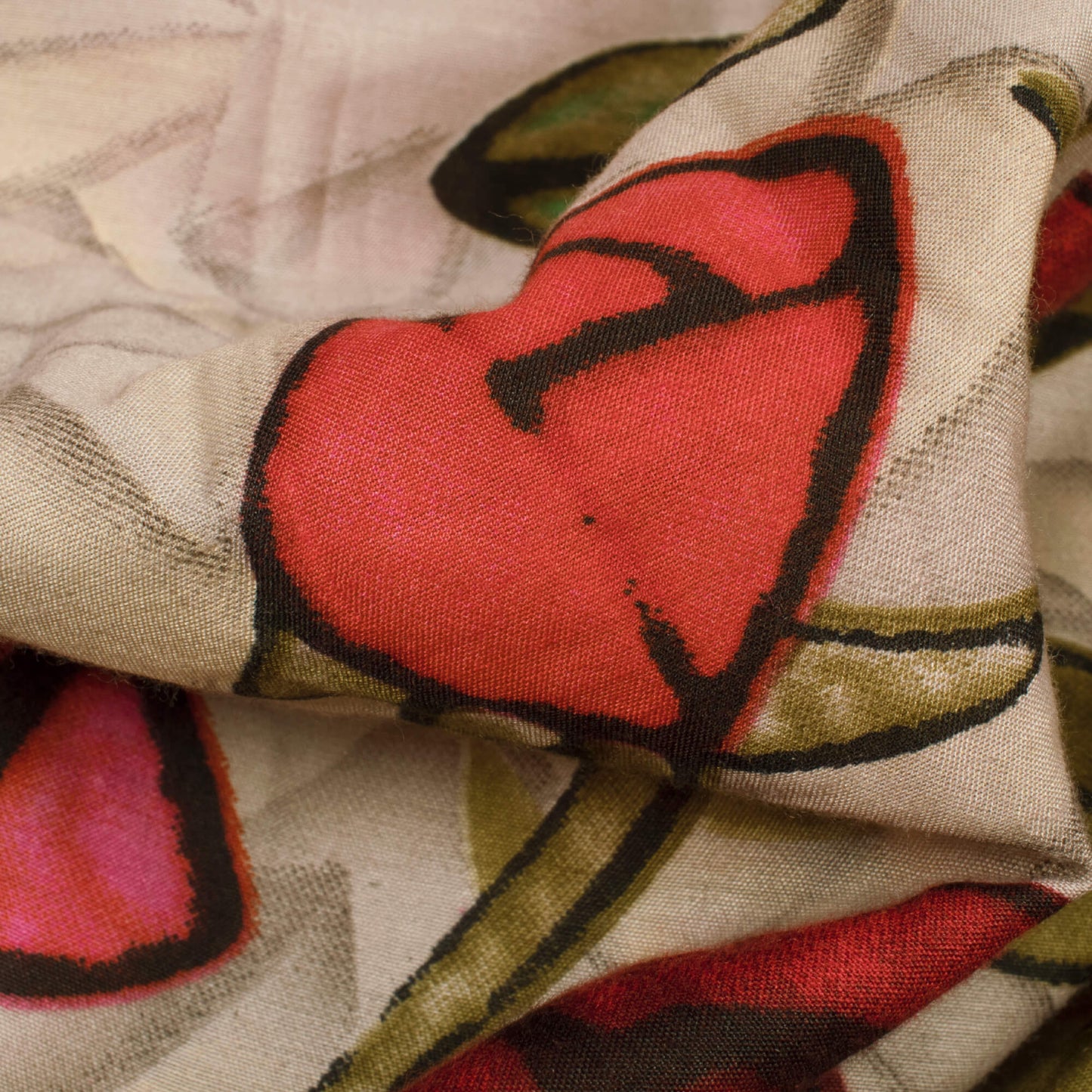 Beige And Red Floral Pattern Screen Print Muslin Fabric - Fabcurate