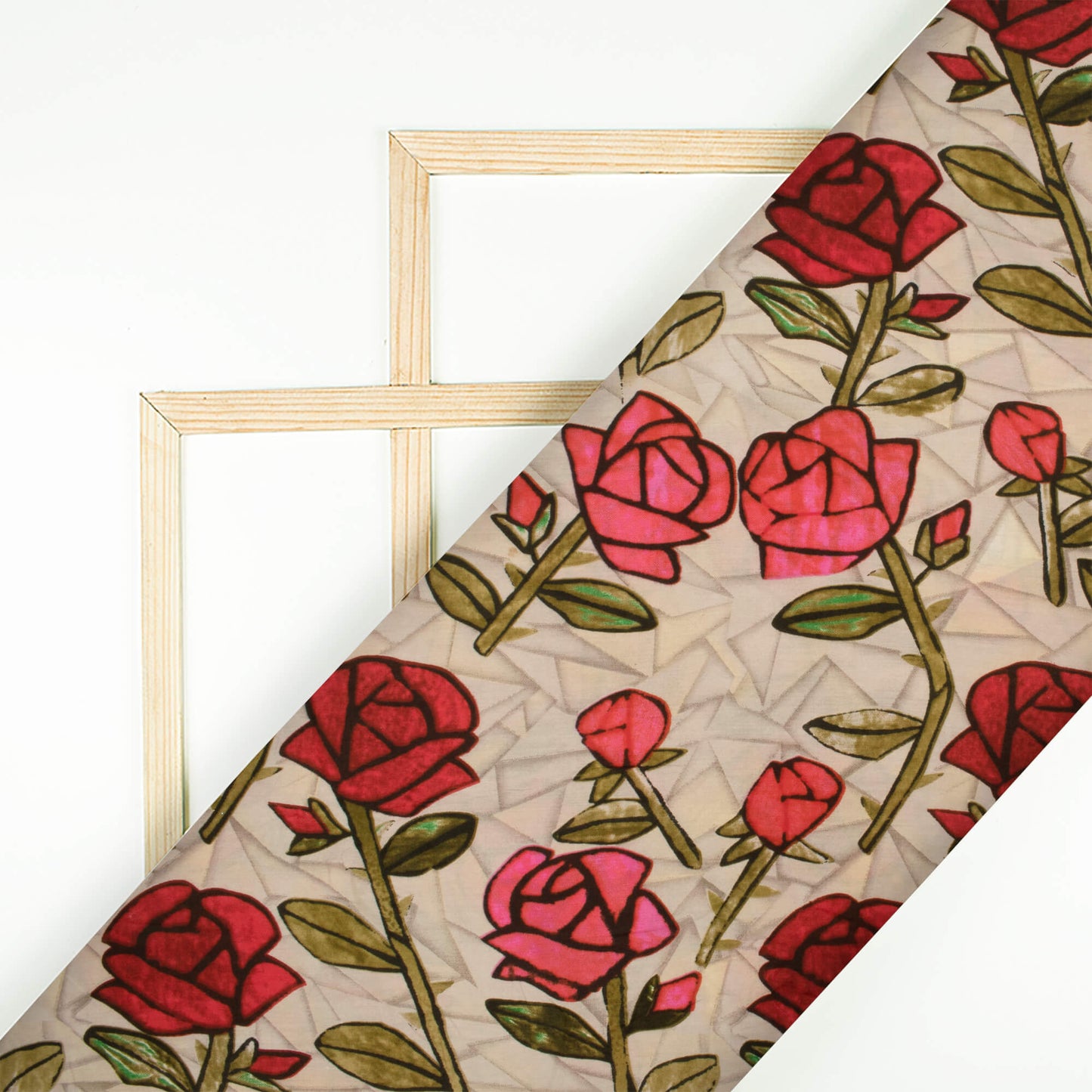 Beige And Red Floral Pattern Screen Print Muslin Fabric - Fabcurate