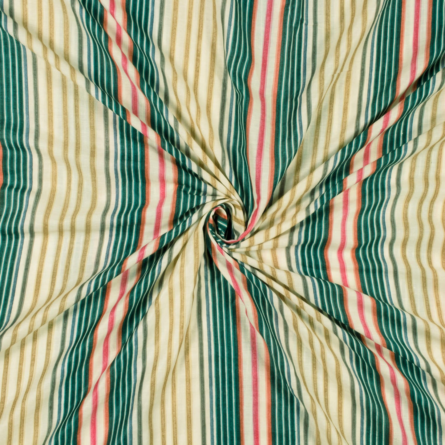 Cream And Green Stripes Pattern Screen Print Muslin Fabric - Fabcurate