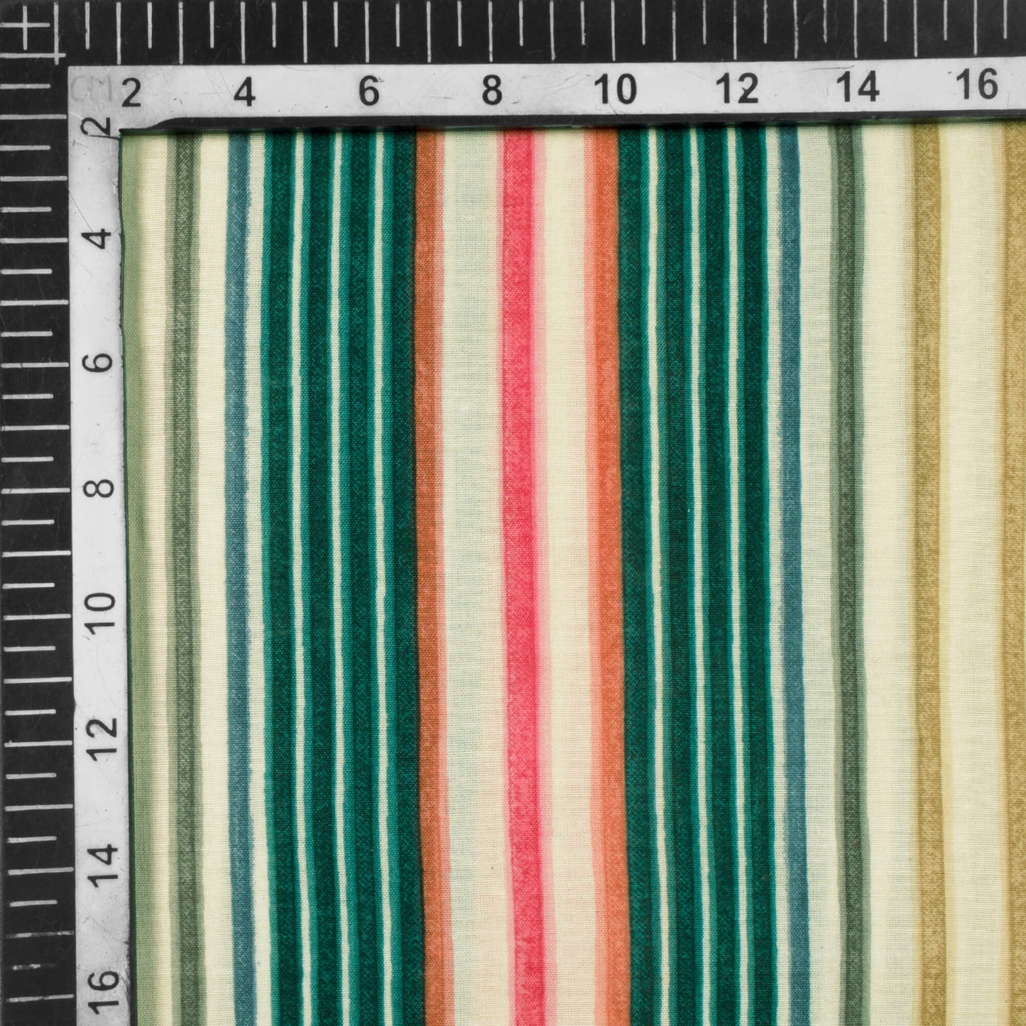 Cream And Green Stripes Pattern Screen Print Muslin Fabric - Fabcurate