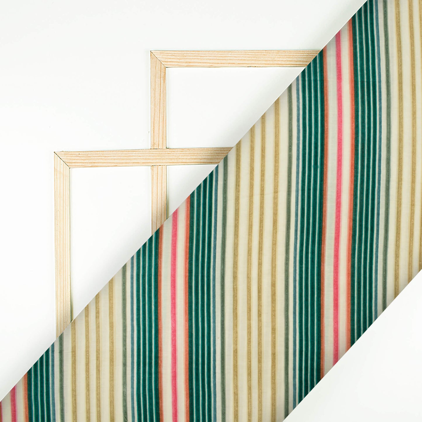 Cream And Green Stripes Pattern Screen Print Muslin Fabric - Fabcurate