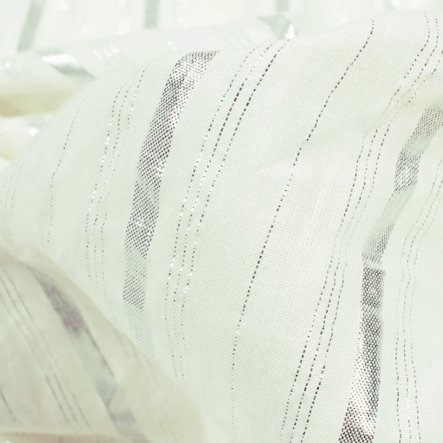 White And Silver Stripes Pattern Dyeable Cotton Lurex Fabric - Fabcurate