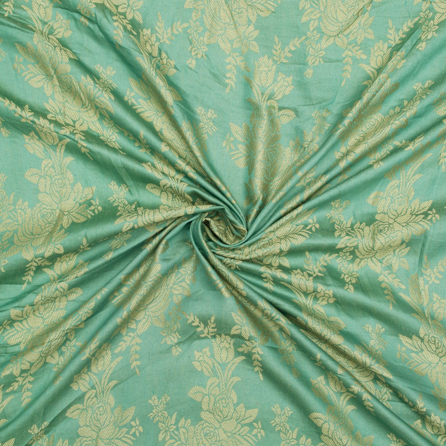 Powder Green And Beige Floral Pattern Glazed Cotton Jacquard Fabric - Fabcurate