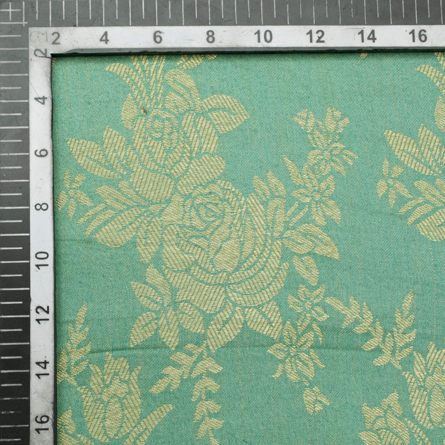 Powder Green And Beige Floral Pattern Glazed Cotton Jacquard Fabric - Fabcurate