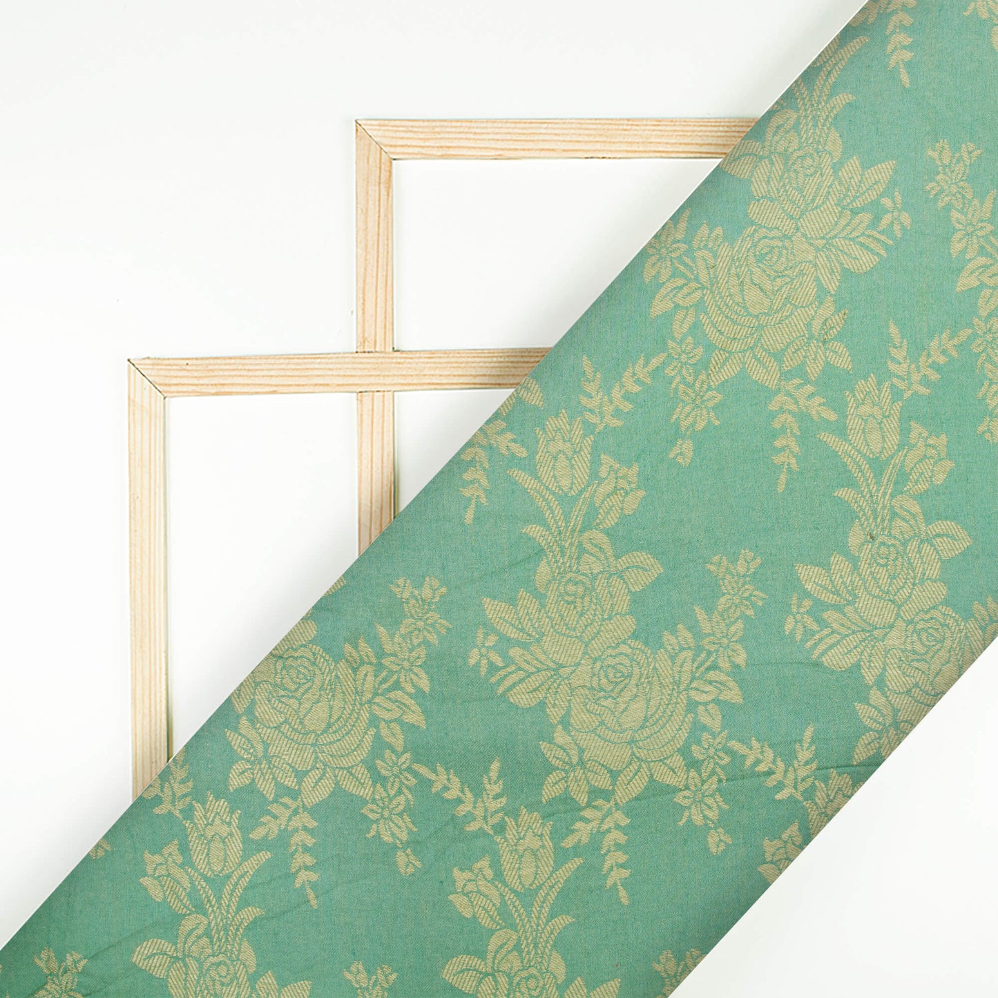 Powder Green And Beige Floral Pattern Glazed Cotton Jacquard Fabric - Fabcurate