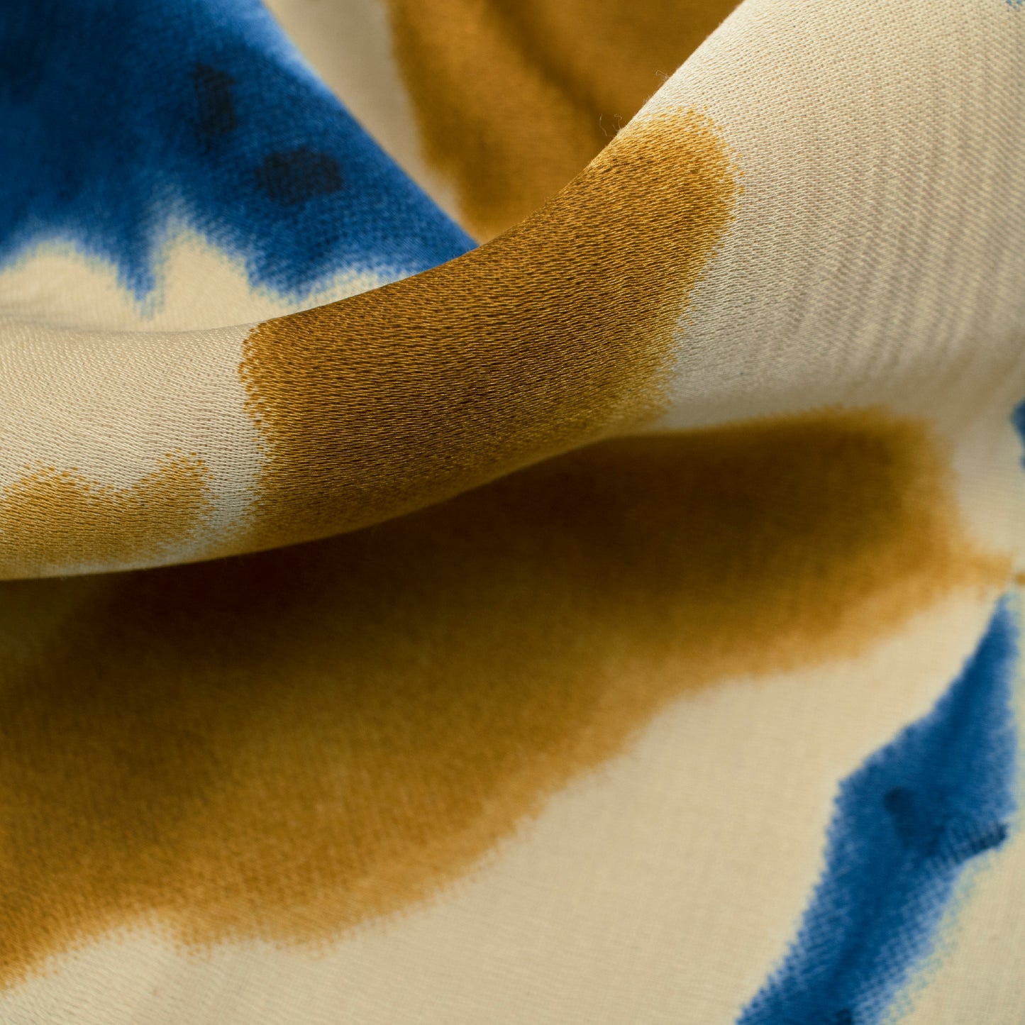 Blue And Mustard Yellow Shibori Pattern Screen Print Modal Satin Fabric - Fabcurate